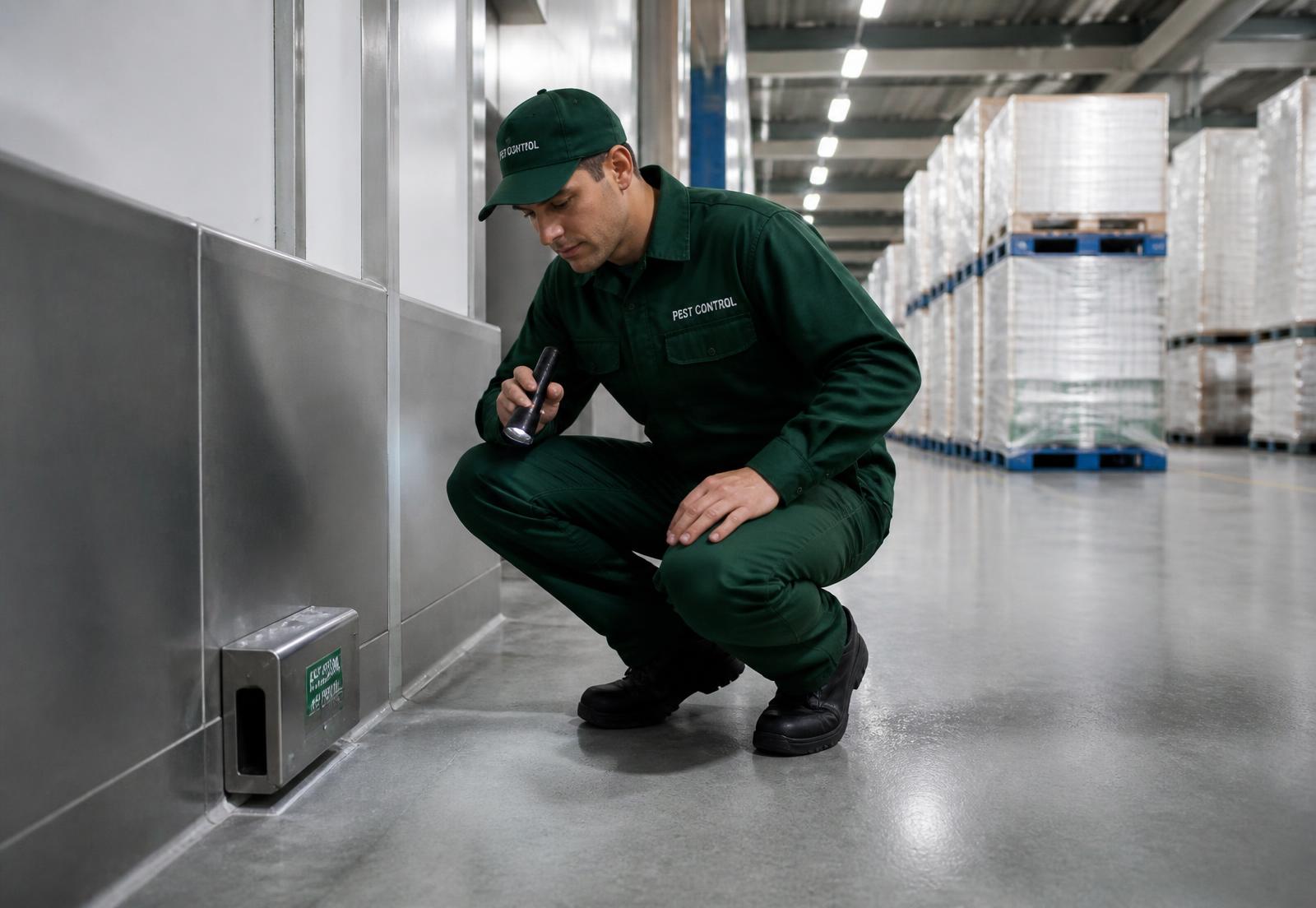 Roteberg technikus zárt rágcsálóirtó szerelvényt ellenőriz egy élelmiszeripari raktárban